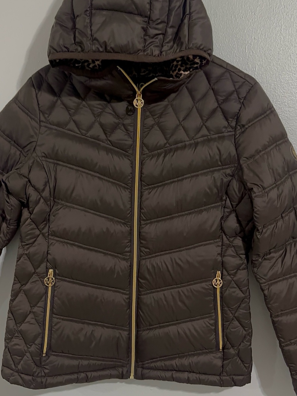 Michael Kors Brown Quilted Hooded Puffer Jacket with Gold Hardware